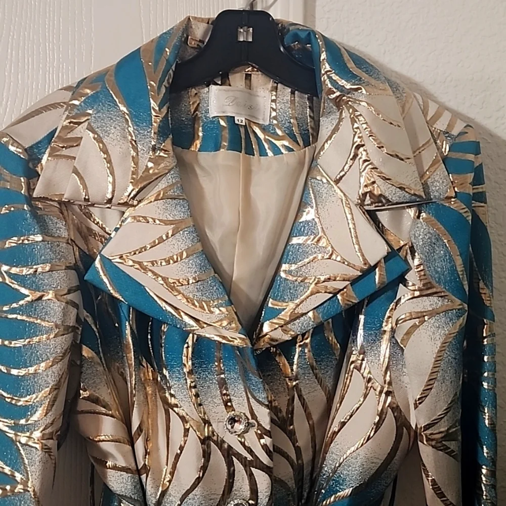 Elegant Blue and Gold Midi COAT - Picture 5 of 9